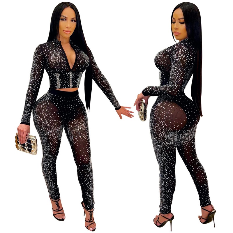 7196  2 pc Rhinestone Mesh Pant Set